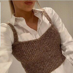 Zara Twisted Knit Crop Top Oatmeal Brown Size M Sweetheart Neck Ribbed